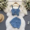 Amolapha Womens Summer Holiday Beach Style 2pcs Sets Spaghetti Pasek Dżins Topshigh Talia Dżinsy Suits 240419