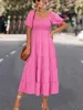 Basic Casual Dresses Women Solid Color Dress Square Neck Dress Puff Slve Fold Design Dress Casual Strt Elegant Dress Women Loose Cake Dress Y240429