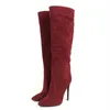 Boots Fashion Women't Shoes Pointed Toe High Heels Knee Wine Red Faux Suede Ladies Winter Autumn Party Outfit Footwear Pull On