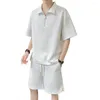 Herrspårsfall Athletic Wear Casual Outfit Set Dragkedja Halva Packet T-shirt Drawstring Wide Ben Shorts i fast färg våffla texturis