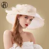 Wide Brim Hats Bucket Hats FS Pink Fedoras Hat Women Beige White Kentucky Derby Wide Brim Wedding Church Organza Party Hat Flower Flat Top Hats Y240426