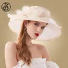 Breite Krempe Hüte Eimer Hüte fs Pink Fedoras Hut Frauen Beige White Kentucky Derby Weitkrempe Hochzeitskirche Organza -Party Hut Blume flache Top Hats Y240426