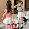 Clothing Sets Design Styl Summer Teen Girls Knitted Skirt Set Striped T-shirt Pleated 2pcs Junior Kid Clothes Suit Child Outfits