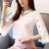 Women's Blouses Shirts Casual White Chiffon Blouse for Lady Elegant Tops Beading Office Shirt Thr Quarter Slve V-Neck Summer 2994 50 Y240426