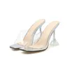 Pantoufles femmes hautes chaussures talons d'été imprimement léopard pvc sandales transparentes femme fashion carrée orteil fête claquette femme