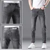 Jiufen Xintang Jeans Mens Four Seasons Summer High End Moda Coreana Elastic Slim Fit Straight Leg Varsátil Calças casuais