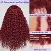 Synthetic Wigs 32 inch Burgundy curly human hair wig 13x4 high-definition lace front 99j deep wave baby density 180% Q240427