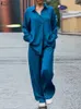 ZANZEA 2PCS Satin Solid Pant Sets Women Long Sleeve Tops Pleated Outfits Summer Wide Leg Trouser Suit Casual Silk Tracksuit 240420