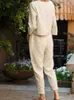 Zweiteilige Hosen-Hose Baumwollwäsche Set 2-teiliger Sommer O-Neck Long Sleeved Solid T-Shirt+hohe Taille Tasche Casual Lose Pantl240429