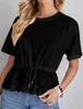 女性のブラウスシャツ夏のファッションoネックショートスルベTシャツ女性ベーシックOネックショートスルベトップレディースブラックカラーニットトップY240426