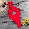 Swimwear féminin 3d Fleur Monokini Bikini rouge Halter Backsuit Backsuit Floral Swimwars High Cut Sexy Sexy Femmes 1-Piece Baignage Brésilien