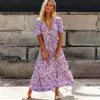 Boho Inspired Lilac Floral Maxi Dress V-Neck Rayon Purple Boho Dress Casual Spring Summer Jurk voor vrouwen Chic Lange Jurk 240416