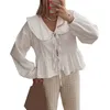 Women's Blouses Women Tie Front Babydoll Top Doll Collar Puff Sleeve Peplum Shirt Ruffle Hem Aesthetic Lace Up Blouse