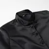 Casual Dresses KEYANKETIAN 2024 Launch Women's Black Satin Dress Retro Style Single Breasted Flap Pockets Long Sleeve Slim Mini