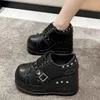 Casual Shoes Plus Size 42 Leather With Thick Soles 10CM Heels Super High Patent Front Lace Up Sponge Sole Punk