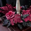 Decorative Flowers 25cm Halloween Candlestick Wreath Holder Artificial Rose Black Leaves Candle Ring Garland Table Centerpiece