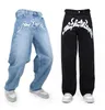 Jeans masculinos jeans harajuku hip-hop calças de perna larga reta com impressão de grandes dimensões y2k mens drag casual preto quente q240427