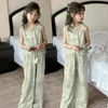 Kledingsets Ontwerp Chinese stijl Tienermeisjes Kleding Jacquard Vestjas Wijd beenbroek Twee stuk zomerset 4-15 Kinderpak Kikker