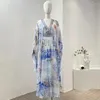 Robes décontractées 2024 Silk de haute qualité blanc bleu floral imprime à manches longues robe maxi lâche