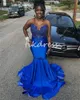 Plus Size Royal Blue Evening Dresses 2024 African O Neck Mermaid Black Women Prom Dress Sweep Train Applices Pärlade formella festklänningar ärmlös speciell födelsedag
