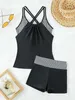 Women's Swimwear Ladies atmosphere feeling wrinkled chest back cross boxer shorts printed black u-necktie sexy tankini d240429