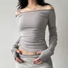 Katı patchwork mahsul üst bandaj asimetrik tişört kadınlar tam skeeve Korean harajuku tee rahat şık sonbahar 90s 240424