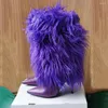 Laarzen Big Size 47 Purple Dik Fur Overlay Korte laarsjes slanke hakken Halve knie Hoge vrouwen puntige teen gevouwen over harige schoenen