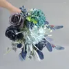 Fleurs décoratives Bouquet de petite fleur bleu artificiel avec feuilles et tige de soie fausse florale