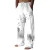Męskie spodnie vintage męskie spodnie plażowe solidny kolor latający ptak druk letnia koronkowa elastyczna talia szerokie legalne ubranie uliczne Q240429