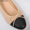 Ballettschuhe Frau Basic 2024 Mode zwei Farben Spleißen runde Zehen Leder Bow Klassische Tweed -Stoff -Schuhe Frauen Schuhe Pumps