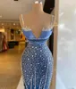 Sparkling Mermaid Prom Mouwloze Deep V Neck Spaghetti Sequins Applique Beading Floor Lengte beroemde avondjurken plus maat op maat gemaakt L24399 0508