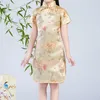 Casual Dresses Girls Chinese Year Short Sleeved Peony Flower Qipao Retro Button Cheongsam Elegant Dress Standing Collar Children's