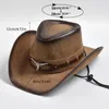 Chapéu de cowboy ocidental de couro 100% Men Brimened Gentleman Church Cap Chapé de Cowgirl Sombrero Hombre 240428