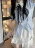 Arbeitskleider japanische Kawaii süßer weißer Minirocksets Frauen elegante Spitze schlank zweiteiler Vintage Chic Blue Shirt und Kuchen