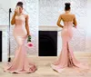 Sexy Blush Pink Lace Halter Mermaid Evening Dresses Satin Applique Long Prom Dresses Backless Court Train Formal Bridesmaids Dress4542293