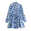 Casual Dresses Blue Floral Print Shirt Dress For Women Long Sleeve With Belt Short Office Vestidos