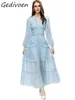 Casual Dresses Gedivoen Summer Fashion Designer Light Blue Vintage Party Dress Women's Lantern Sleeve Hollow Out Brodery Ruffles Long