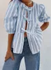 Bluzki damskie przednie krawatowe koszule 2024 Summer Puff Sleeve Stripe Topss i jesienne eleganckie streetwear