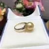 Cluster Rings Gorgeous And Realistic Super Large 11-10mm Round Natural South China Sea Gold Whute Pearl Ring 925s