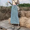 Lucyever Split Denim Jirt pour femmes 2024 printemps été y2k hauteur jupe longue jupe féminine en jean A-Line Bleu