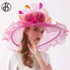 Wide Brim Hats Bucket Hats FS Organza Kentucky Derby Hats For Women Wide Brim Beach Cap Veil Flower Feather Wedding Elegant Church Party Fedora Female Y240426