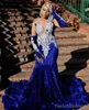 Royal Blue Prom Dresses for Black Women Promdress Plus Size Illusion Sequined Lace Appliqued Beaded Lace Birthday Party Dress Second Reception Gowns AM785