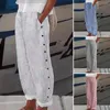 Frauenhosen gestreifter Druck Lose Overalls Trendy Casual mit Stripe Elastic Taille Side Button Up Detail weites Bein für die Arbeit