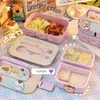 Bento Boxes Kawaii Portable Lunch Box For Girls School Barn Plastic Picnic Bento Box Microwave Food Box med fack Lagringsbehållare