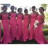 Applique Lace Fuchsia 2021 Brudtärklänningar Mermaid Pärlad svep Train African Plus Size Maid of Honor Gown Country Wedding Party Gäst slitage Vestidos