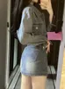 Vintage denim pak vrouw slanke casual kort vest sexy bodycon y2k mini rok elegante Koreaanse modeset lente chic 240426