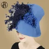 Breite Krempeln Hüte Eimer Hüte fs gelber Stroh Big Fedora Hüte Frauen gelbe Derby Feder Blumenkirche Faszinator für Hochzeitshasse Cocktail Braut Accessoires Y240426