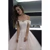 Lace tule blush 2021 jurken applique roze elegant van de schouderkapel trein borduurwerk aangepaste trouwjurk vestido de novia