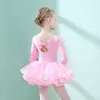 Vestido de balé infantil de mangas compridas em veludo macio e saia de gaze rosa para garotas de prática de dança para meninas