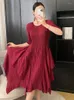 Party Dresses LANMREM Wine Red Pleated Dress Women's Round Neck Half Sleeves Ruffles Irregular Wedding 2024 Spring 2DA2622